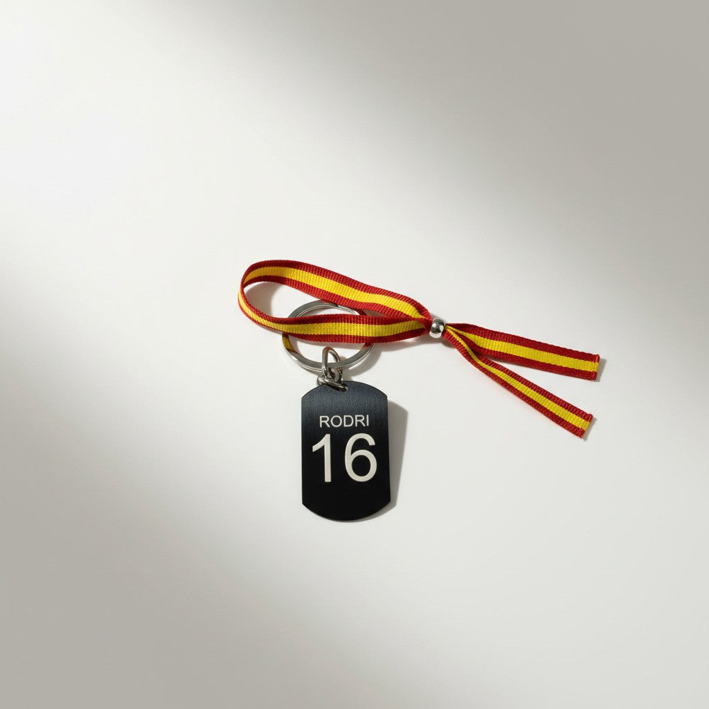 Llavero de color negro personalizable con dorsal y escudo de españa campeones del mundo por segunda vez. Dos estrellas.