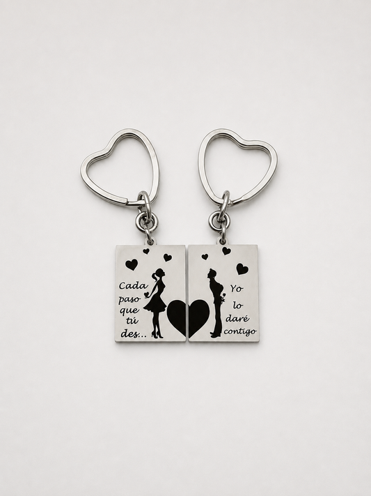 Llavero Romántico Personalizable para Parejas "Cada paso que tú des..." en Acero Inoxidable