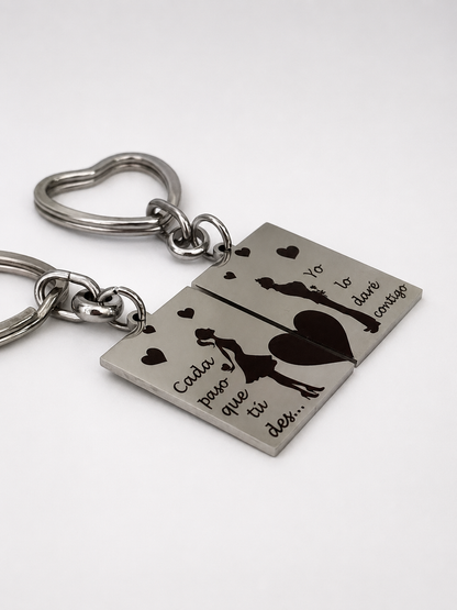 Llavero Romántico Personalizable para Parejas "Cada paso que tú des..." en Acero Inoxidable