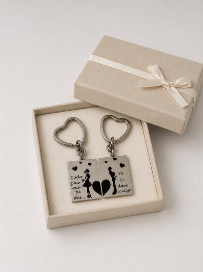 Llavero Romántico Personalizable para Parejas "Cada paso que tú des..." en Acero Inoxidable