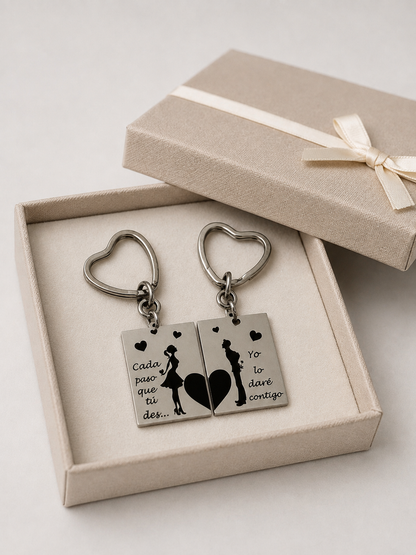 Llavero Romántico Personalizable para Parejas "Cada paso que tú des..." en Acero Inoxidable